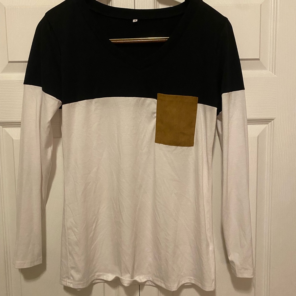 Black and White Long Sleeve Top with Tan Pocket